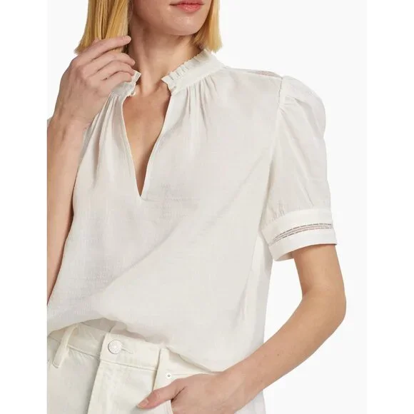 NEW Frame white Linen-Blend Ruffle-Trimmed Top Size XS